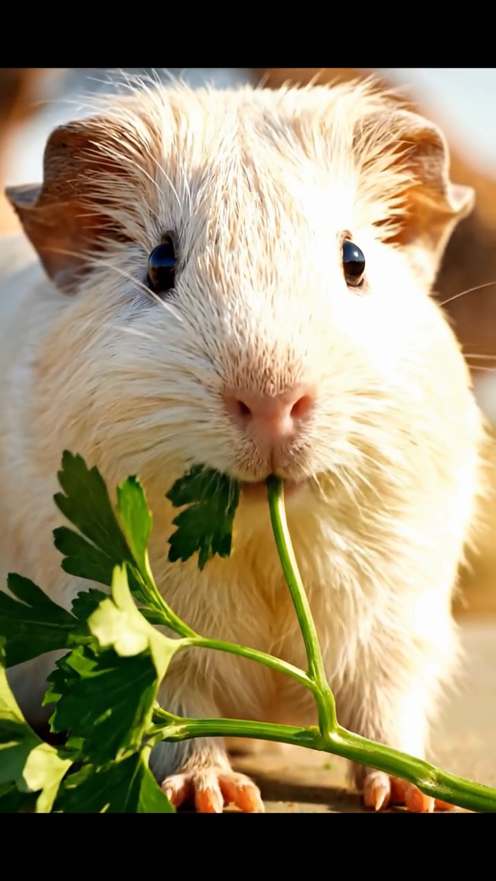 1341. Detailed photo of 1 smooth-haired American guinea pig with cream fur, chewing on parsley stems, on a wildlife safari vehicle roof with giraffes nearby.