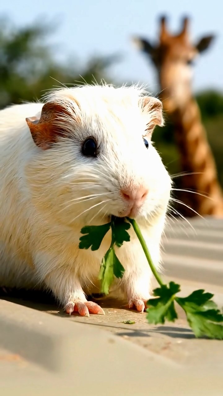 1341. Detailed photo of 1 smooth-haired American guinea pig with cream fur, chewing on parsley stems, on a wildlife safari vehicle roof with giraffes nearby.