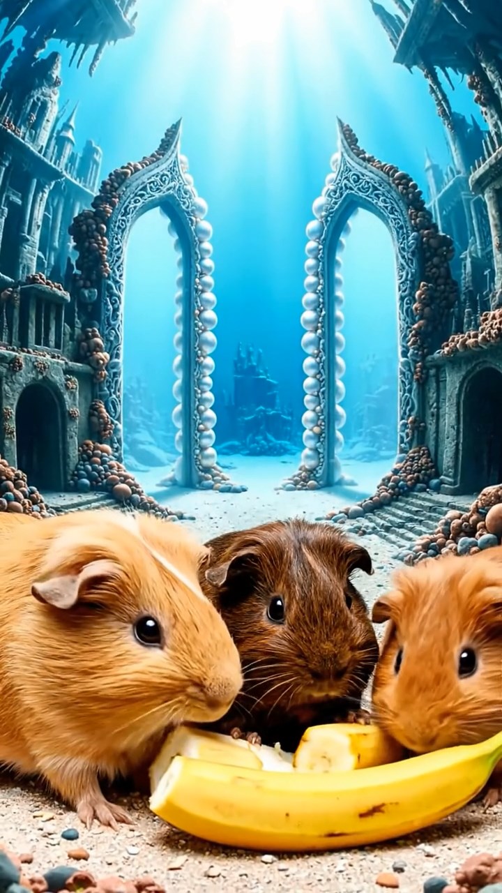 1342. Photorealistic image of 4 smooth-haired Abyssinian guinea pigs in fawn, chocolate, and cinnamon colors, sharing banana chunks, in a submerged mythic city with pearl gates.