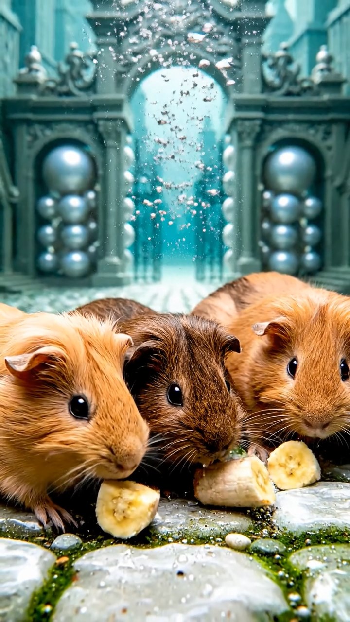 1342. Photorealistic image of 4 smooth-haired Abyssinian guinea pigs in fawn, chocolate, and cinnamon colors, sharing banana chunks, in a submerged mythic city with pearl gates.