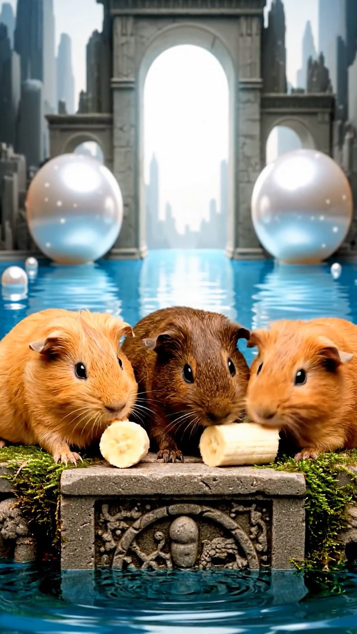1342. Photorealistic image of 4 smooth-haired Abyssinian guinea pigs in fawn, chocolate, and cinnamon colors, sharing banana chunks, in a submerged mythic city with pearl gates.