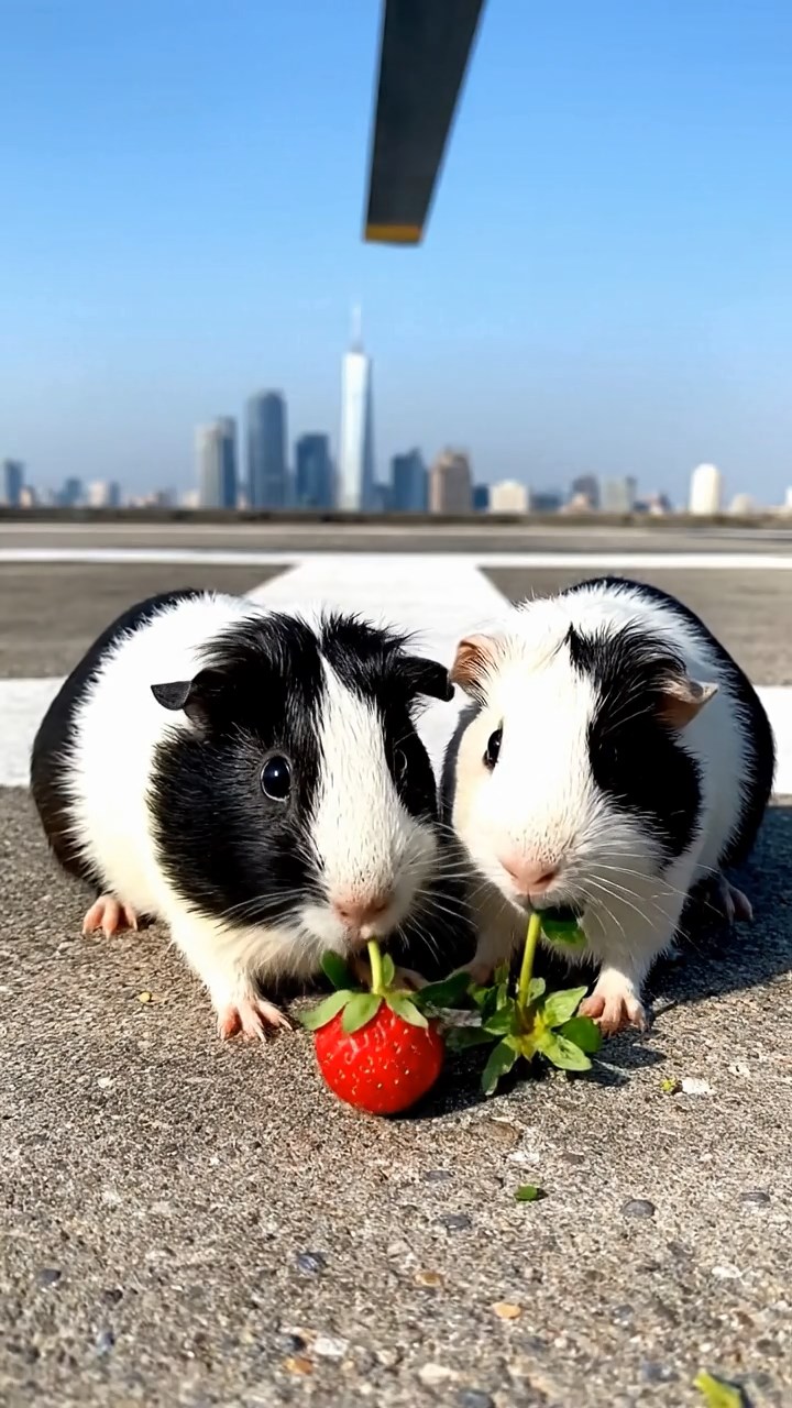 1343. Realistic scene of 2 smooth-haired Peruvian guinea pigs with sable and white fur, munching on strawberry tops, atop a tall skyscraper helipad with urban sprawl.
