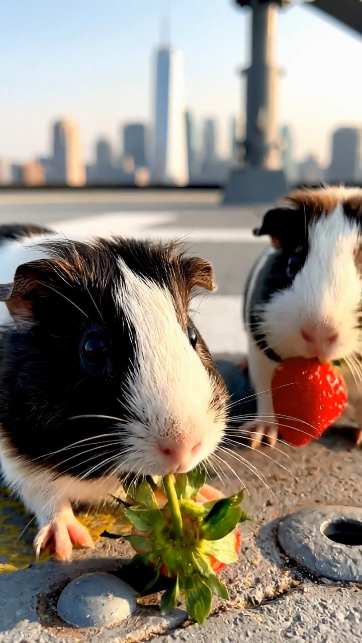 1343. Realistic scene of 2 smooth-haired Peruvian guinea pigs with sable and white fur, munching on strawberry tops, atop a tall skyscraper helipad with urban sprawl.