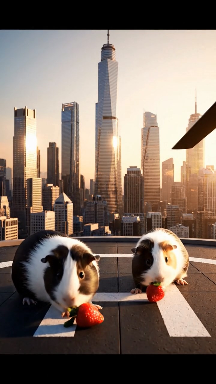 1343. Realistic scene of 2 smooth-haired Peruvian guinea pigs with sable and white fur, munching on strawberry tops, atop a tall skyscraper helipad with urban sprawl.
