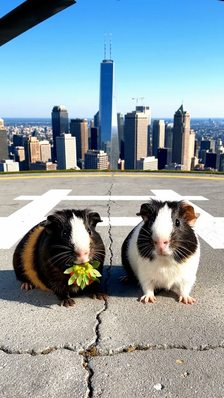 1343. Realistic scene of 2 smooth-haired Peruvian guinea pigs with sable and white fur, munching on strawberry tops, atop a tall skyscraper helipad with urban sprawl.