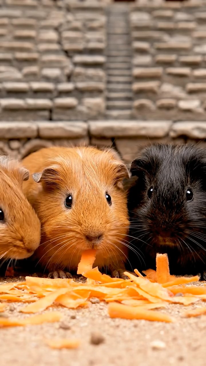 1344. Highly detailed view of 5 smooth-haired Silkie guinea pigs featuring orange, gray, and black coats, eating carrot shreds, in a Roman amphitheater with stone seats.