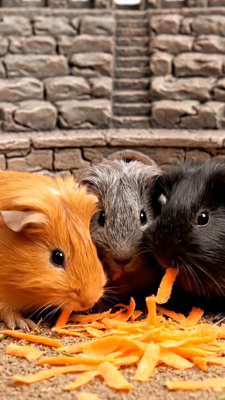 1344. Highly detailed view of 5 smooth-haired Silkie guinea pigs featuring orange, gray, and black coats, eating carrot shreds, in a Roman amphitheater with stone seats.
