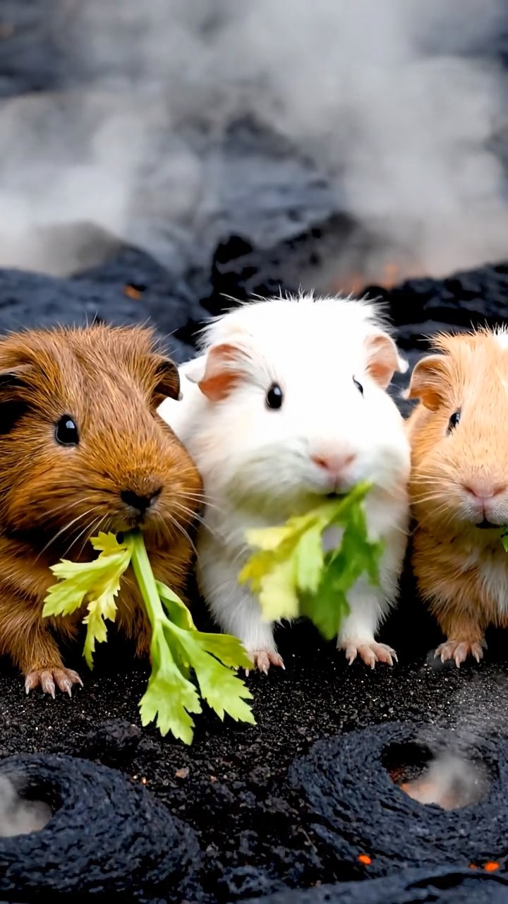 1345. Photorealistic photo of 3 smooth-haired Teddy guinea pigs with brown, cream, and fawn fur, nibbling on celery leaves, on a cooling lava field with steam vents.
