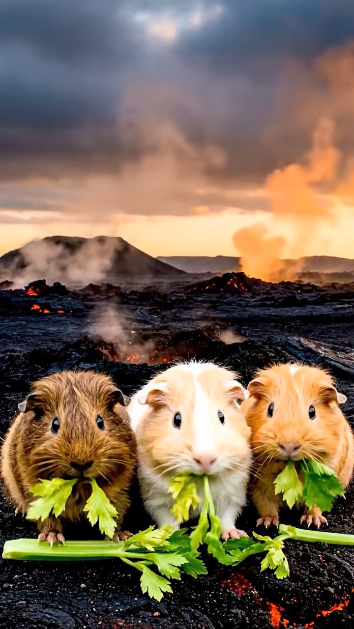 1345. Photorealistic photo of 3 smooth-haired Teddy guinea pigs with brown, cream, and fawn fur, nibbling on celery leaves, on a cooling lava field with steam vents.