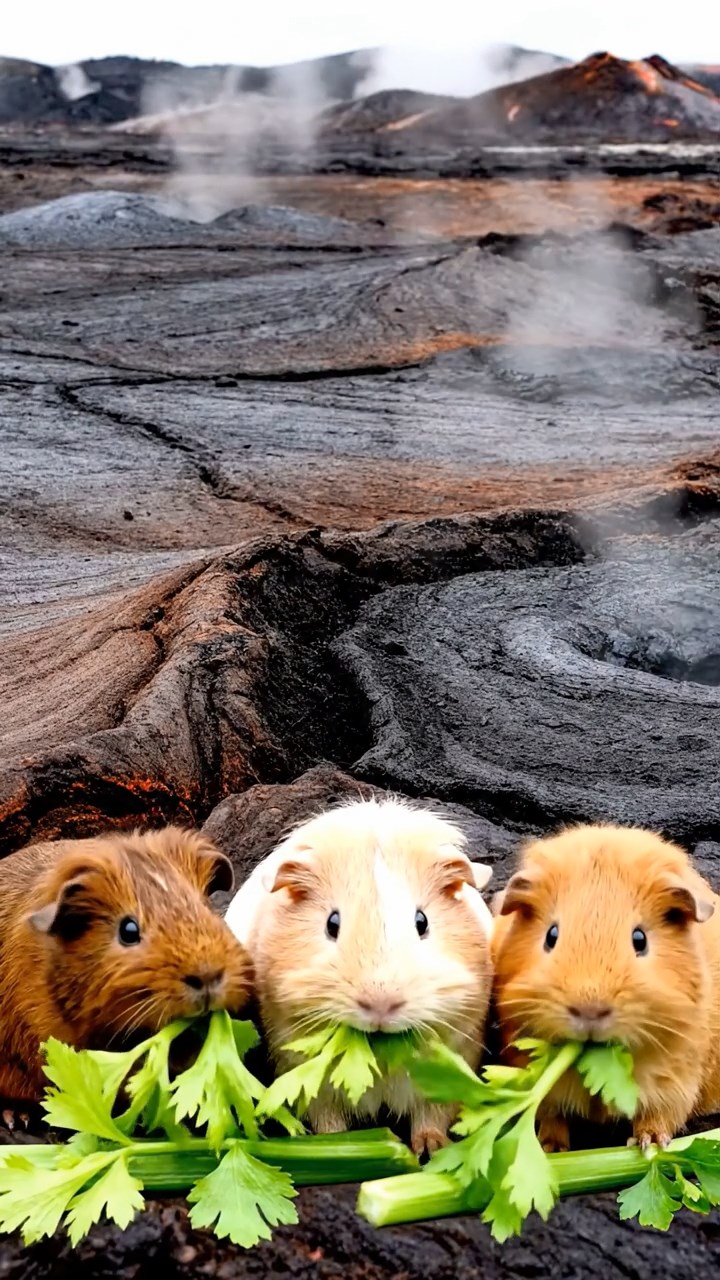 1345. Photorealistic photo of 3 smooth-haired Teddy guinea pigs with brown, cream, and fawn fur, nibbling on celery leaves, on a cooling lava field with steam vents.