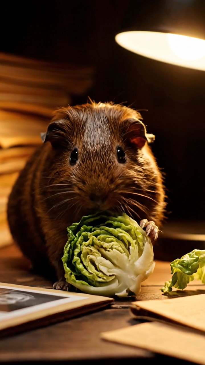 1346. Realistic depiction of 1 smooth-haired Texel guinea pig with chocolate fur, chewing on romaine hearts, inside a private investigator's dimly lit office with case files.