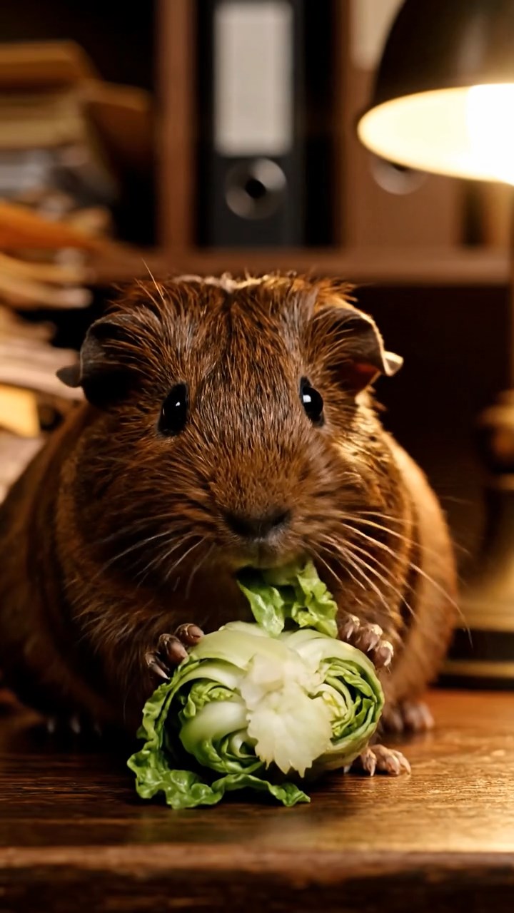 1346. Realistic depiction of 1 smooth-haired Texel guinea pig with chocolate fur, chewing on romaine hearts, inside a private investigator's dimly lit office with case files.