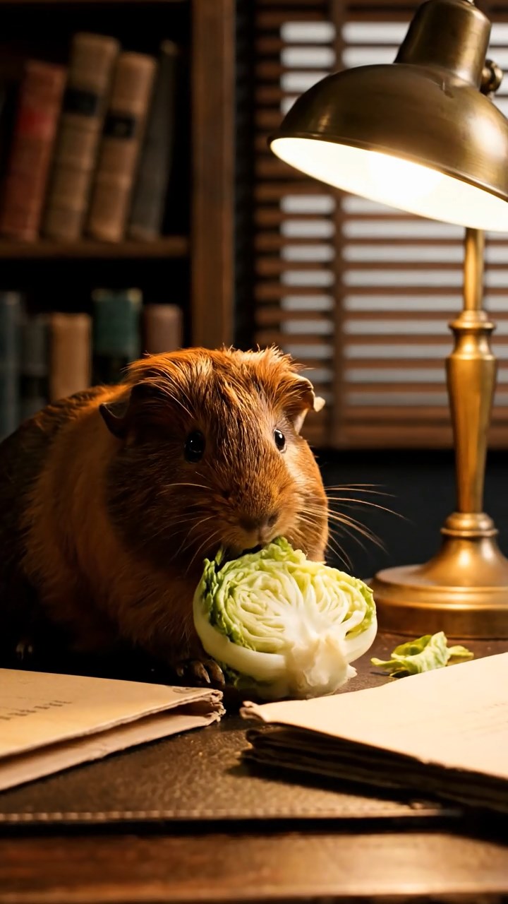 1346. Realistic depiction of 1 smooth-haired Texel guinea pig with chocolate fur, chewing on romaine hearts, inside a private investigator's dimly lit office with case files.