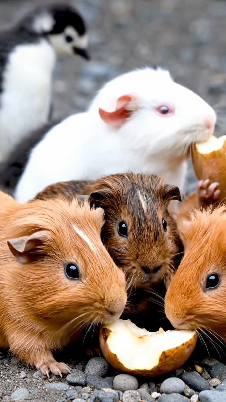 1347. Detailed image of 4 smooth-haired Rex guinea pigs in cinnamon, sable, and white colors, sharing pear cores, on a penguin breeding ground with fluffy chicks.