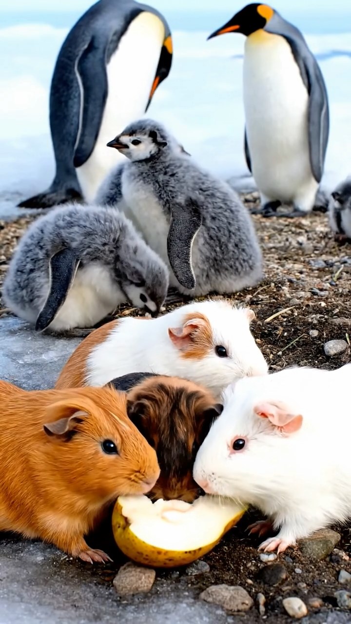 1347. Detailed image of 4 smooth-haired Rex guinea pigs in cinnamon, sable, and white colors, sharing pear cores, on a penguin breeding ground with fluffy chicks.