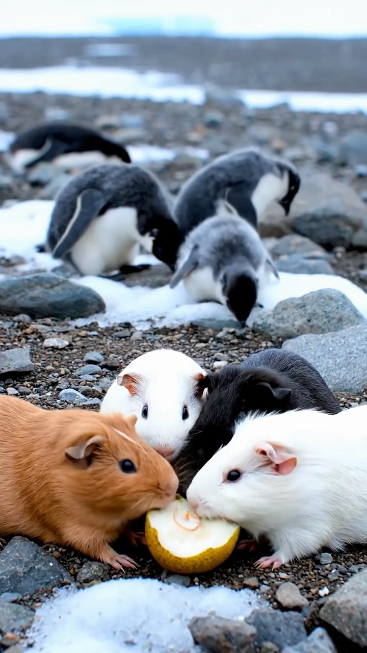 1347. Detailed image of 4 smooth-haired Rex guinea pigs in cinnamon, sable, and white colors, sharing pear cores, on a penguin breeding ground with fluffy chicks.