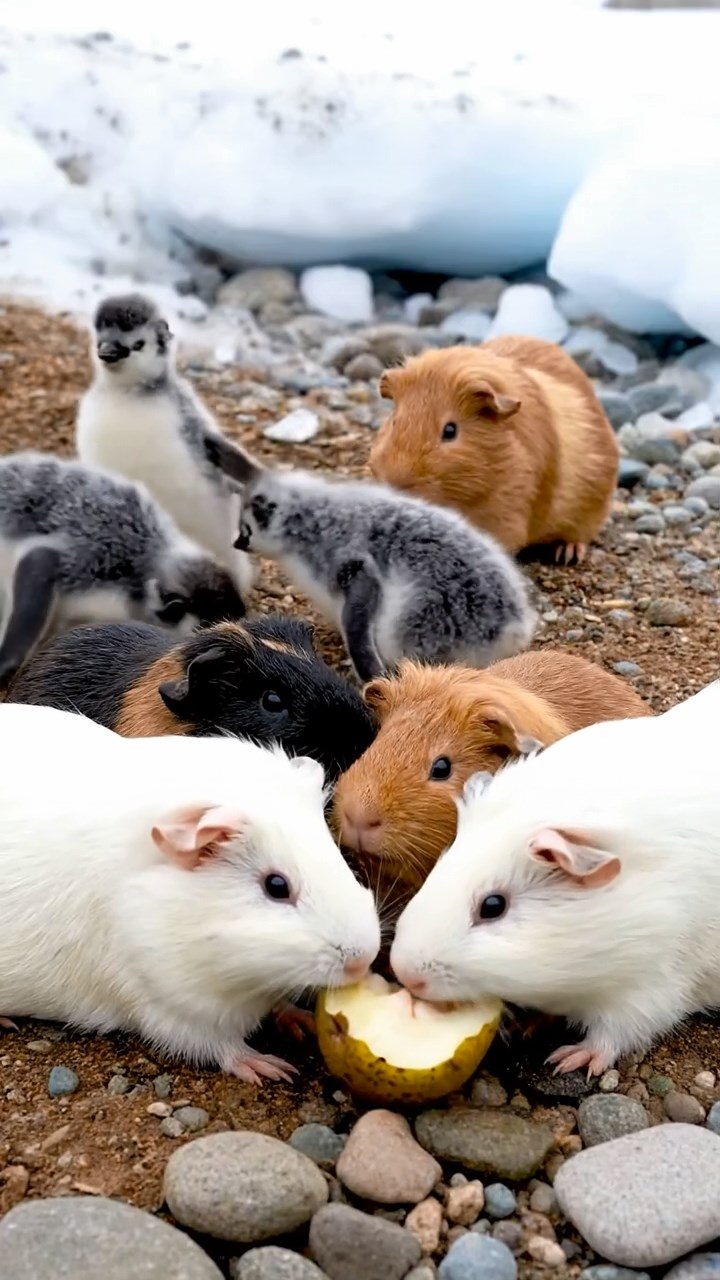 1347. Detailed image of 4 smooth-haired Rex guinea pigs in cinnamon, sable, and white colors, sharing pear cores, on a penguin breeding ground with fluffy chicks.
