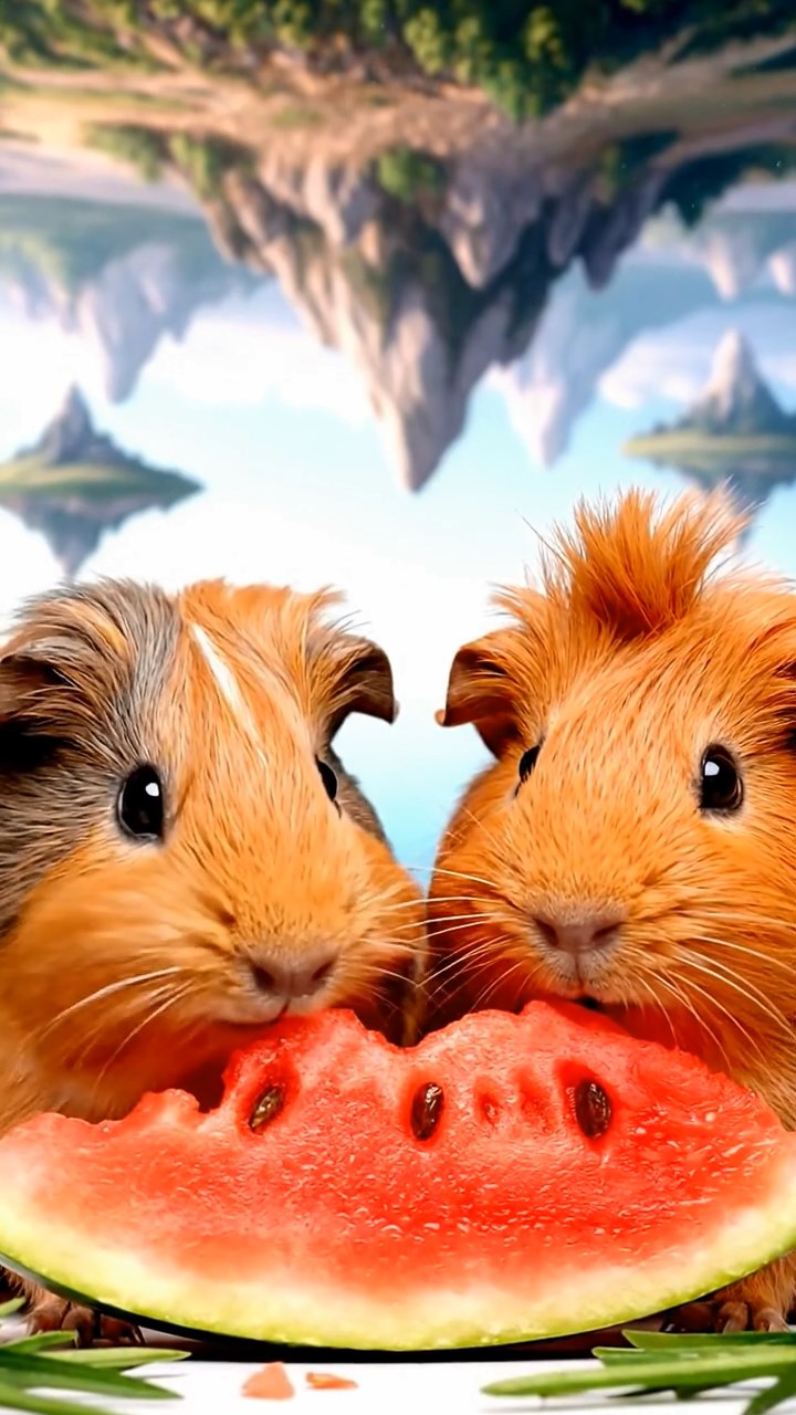 1348. Photorealistic scene of 2 smooth-haired Coronet guinea pigs with orange and gray fur, munching on watermelon slices, in a ethereal dream world with upside-down landscapes.