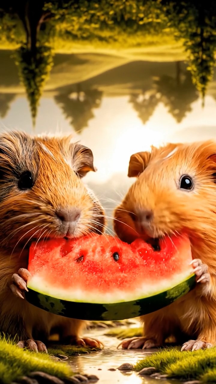 1348. Photorealistic scene of 2 smooth-haired Coronet guinea pigs with orange and gray fur, munching on watermelon slices, in a ethereal dream world with upside-down landscapes.