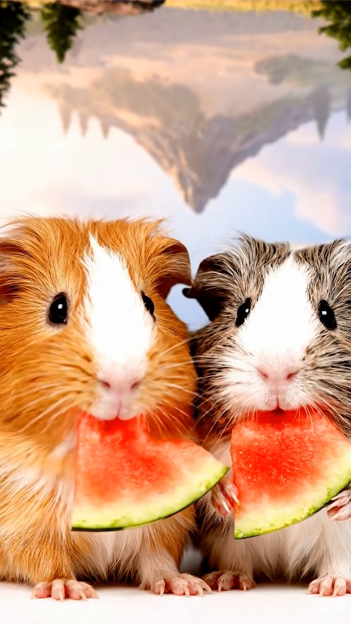 1348. Photorealistic scene of 2 smooth-haired Coronet guinea pigs with orange and gray fur, munching on watermelon slices, in a ethereal dream world with upside-down landscapes.
