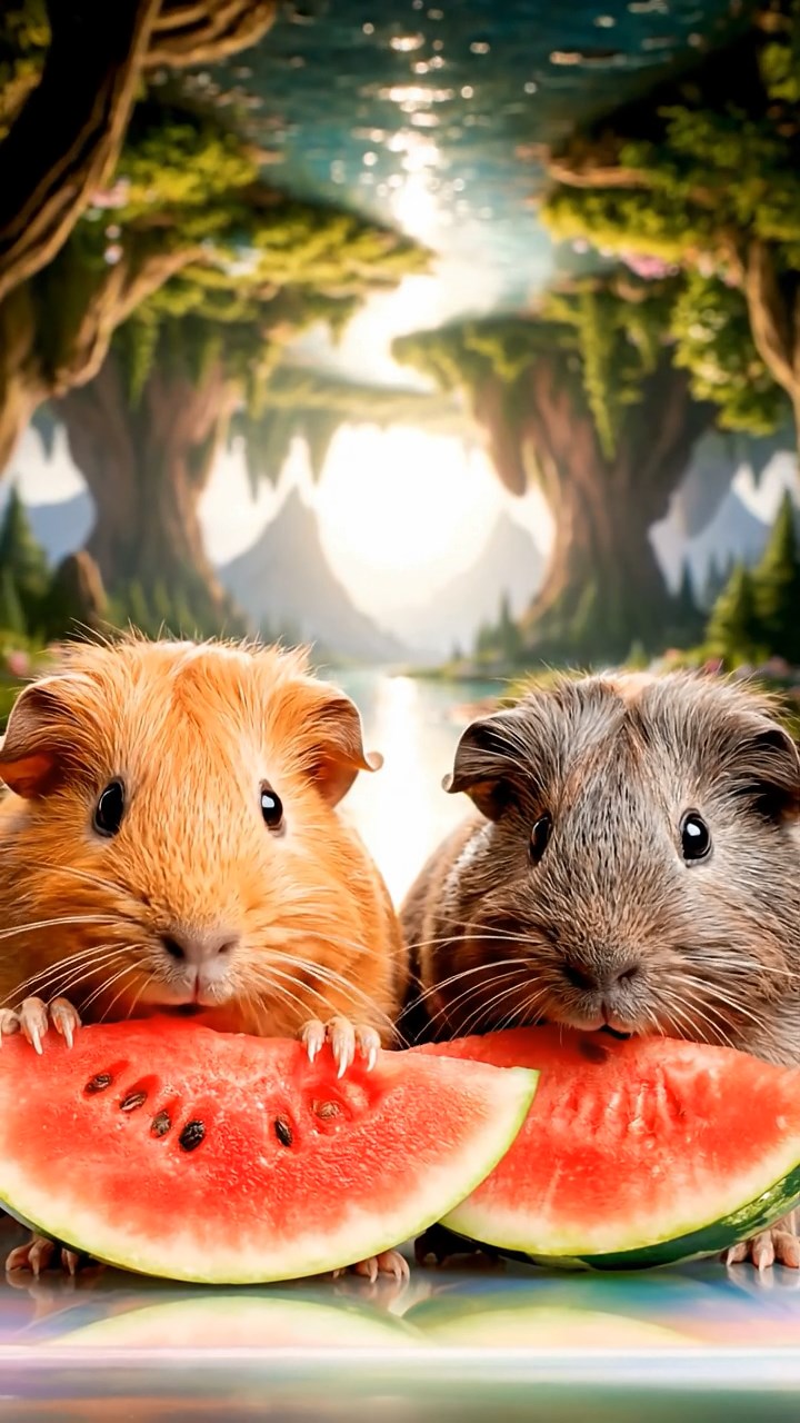 1348. Photorealistic scene of 2 smooth-haired Coronet guinea pigs with orange and gray fur, munching on watermelon slices, in a ethereal dream world with upside-down landscapes.