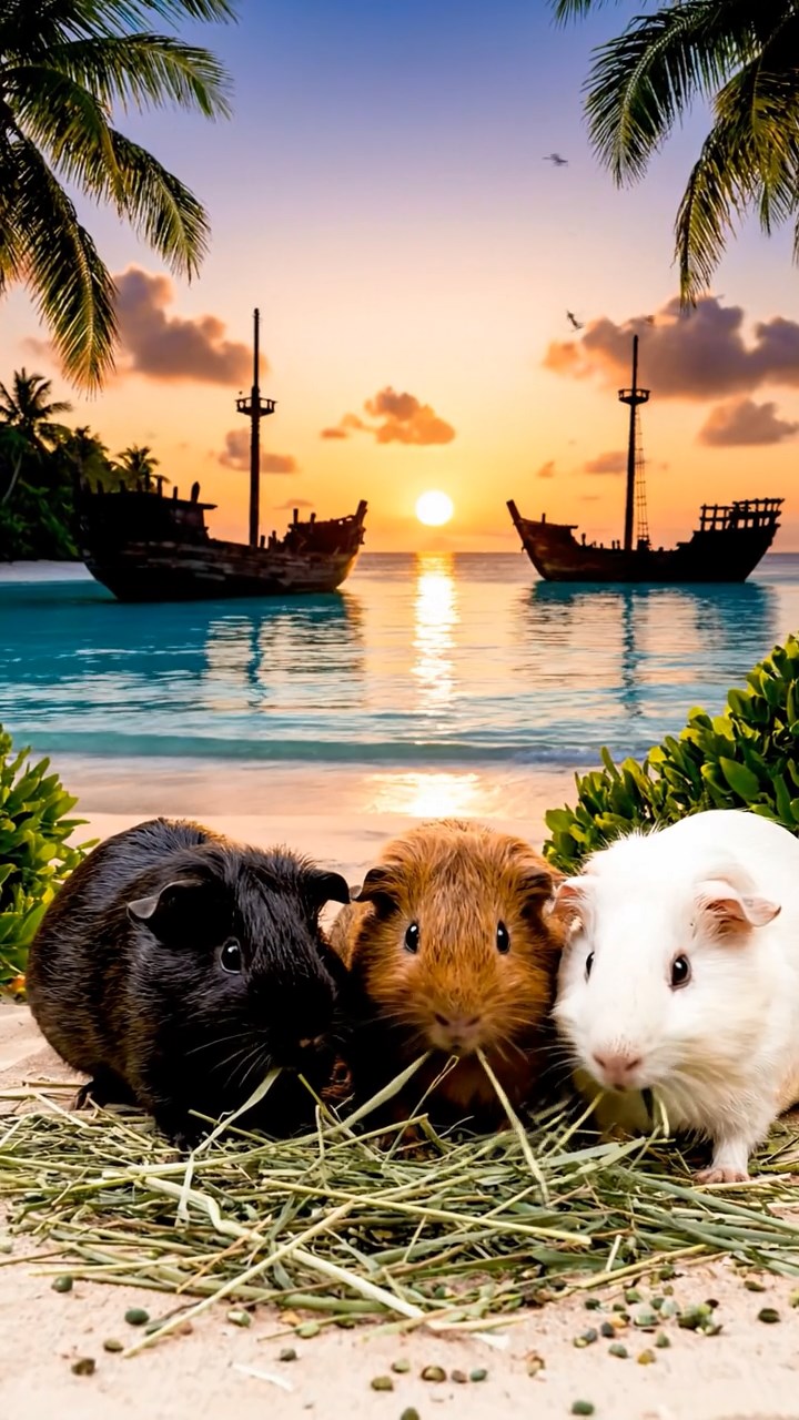 1349. Realistic photo of 3 smooth-haired White Crested guinea pigs featuring black, brown, and cream coats, eating timothy hay, on a tropical pirate bay with shipwrecks.