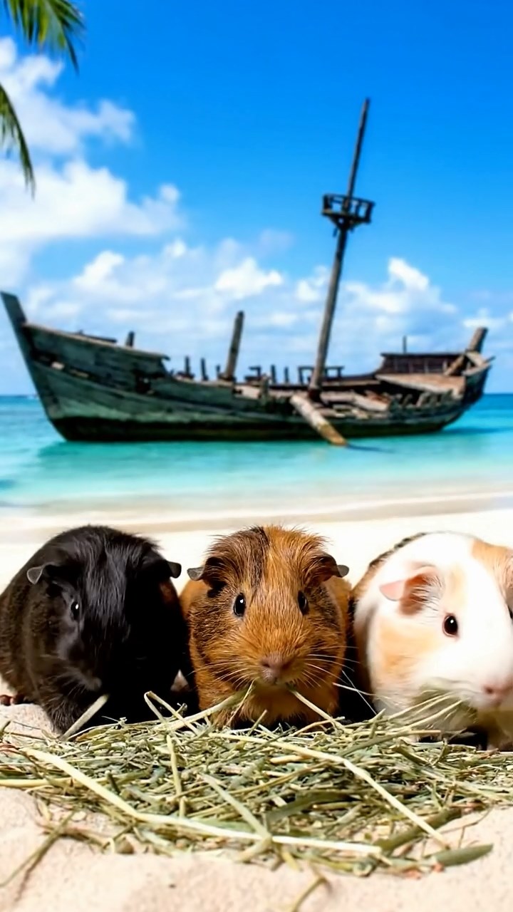 1349. Realistic photo of 3 smooth-haired White Crested guinea pigs featuring black, brown, and cream coats, eating timothy hay, on a tropical pirate bay with shipwrecks.