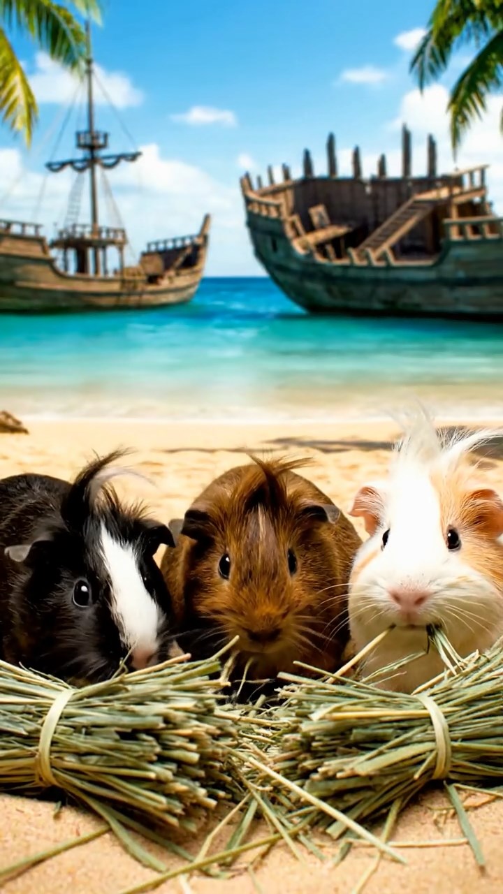 1349. Realistic photo of 3 smooth-haired White Crested guinea pigs featuring black, brown, and cream coats, eating timothy hay, on a tropical pirate bay with shipwrecks.