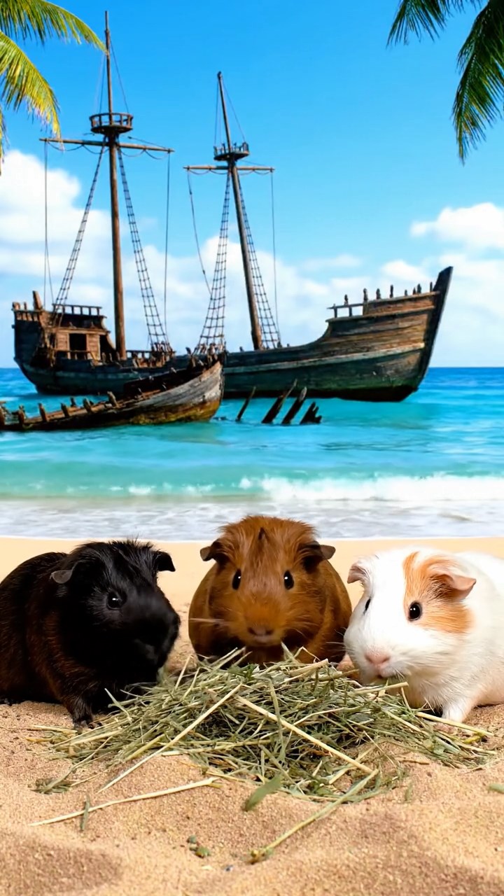 1349. Realistic photo of 3 smooth-haired White Crested guinea pigs featuring black, brown, and cream coats, eating timothy hay, on a tropical pirate bay with shipwrecks.