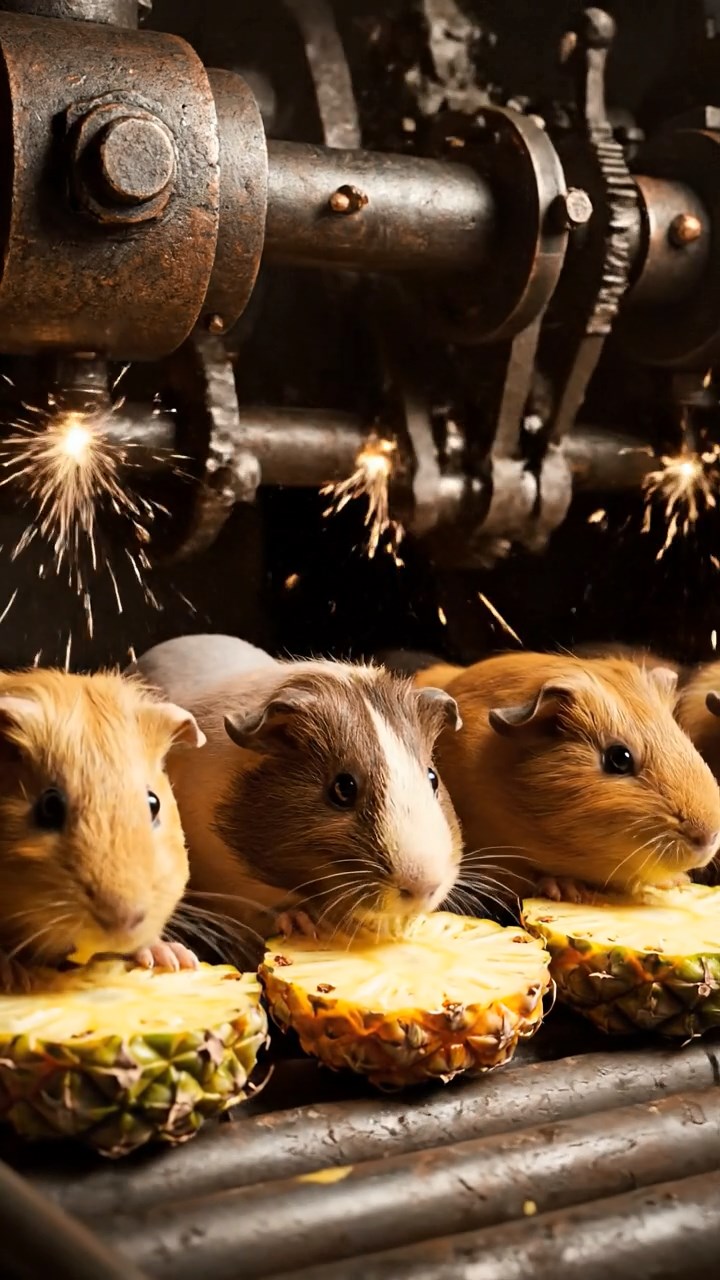 1350. Highly detailed view of 5 smooth-haired Skinny guinea pigs with fawn, chocolate, and cinnamon fur, nibbling on pineapple cores, inside a robotic manufacturing line with sparks.
