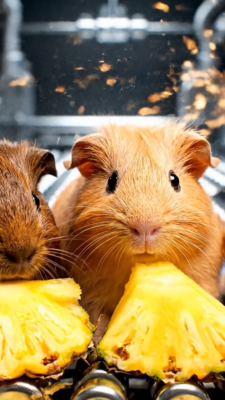 1350. Highly detailed view of 5 smooth-haired Skinny guinea pigs with fawn, chocolate, and cinnamon fur, nibbling on pineapple cores, inside a robotic manufacturing line with sparks.