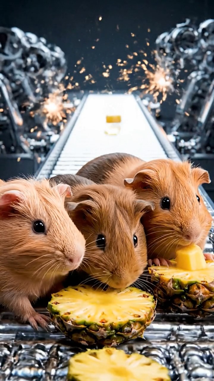 1350. Highly detailed view of 5 smooth-haired Skinny guinea pigs with fawn, chocolate, and cinnamon fur, nibbling on pineapple cores, inside a robotic manufacturing line with sparks.