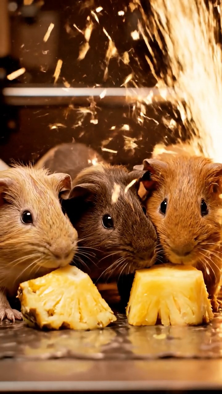 1350. Highly detailed view of 5 smooth-haired Skinny guinea pigs with fawn, chocolate, and cinnamon fur, nibbling on pineapple cores, inside a robotic manufacturing line with sparks.