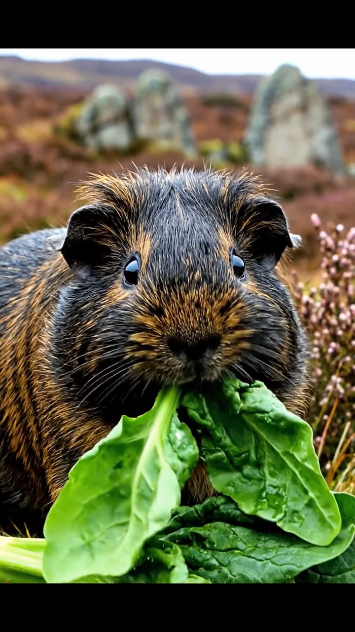 1351. Photorealistic image of 1 smooth-haired American guinea pig with sable fur, chewing on spinach bunches, on a heather-covered Scottish highland with ancient stones.
