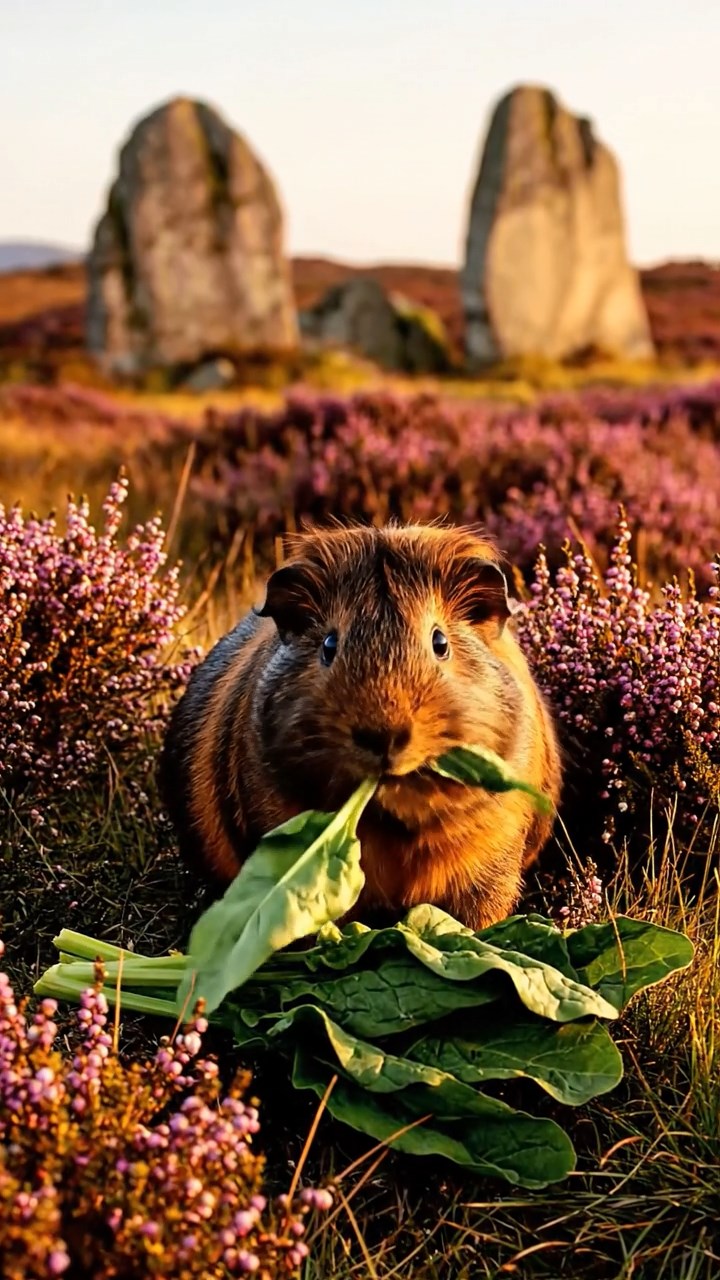 1351. Photorealistic image of 1 smooth-haired American guinea pig with sable fur, chewing on spinach bunches, on a heather-covered Scottish highland with ancient stones.