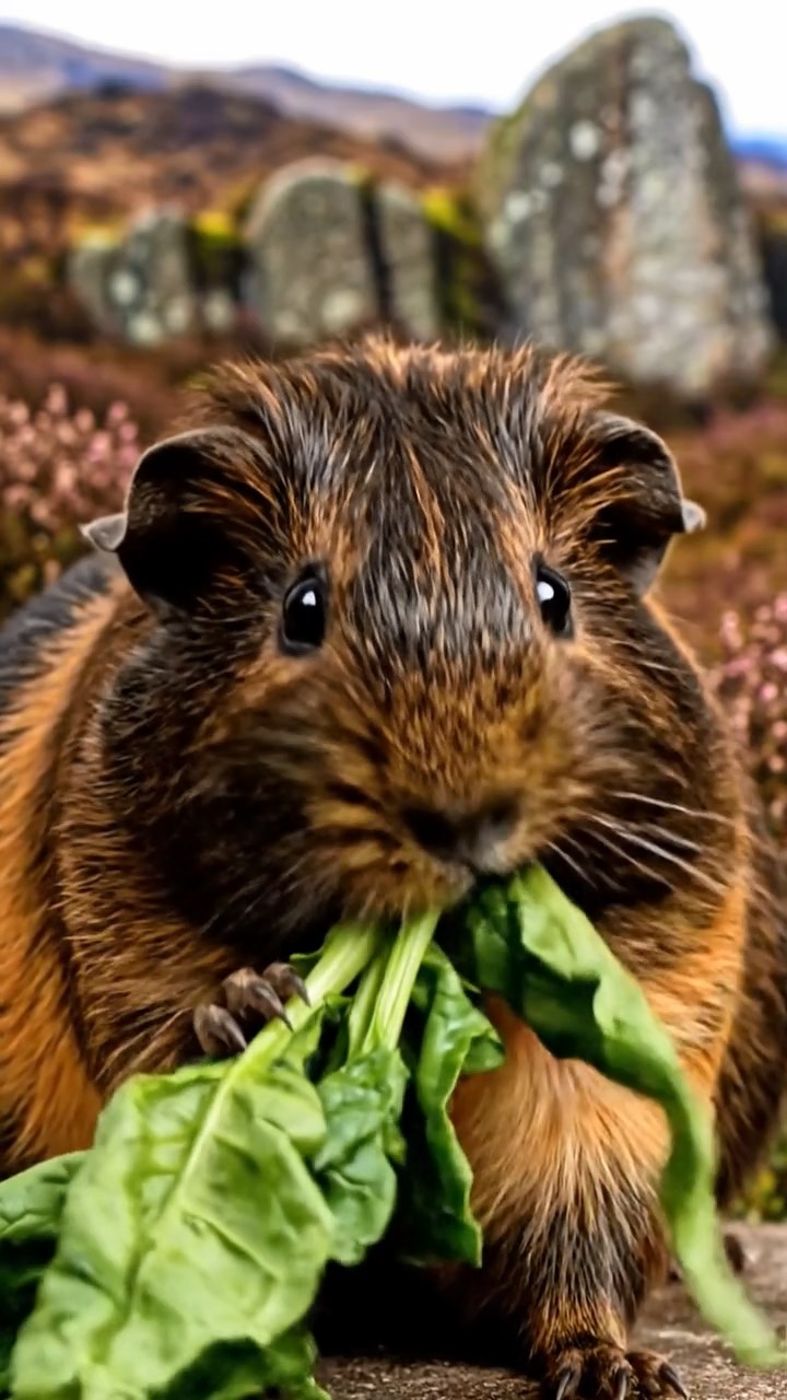 1351. Photorealistic image of 1 smooth-haired American guinea pig with sable fur, chewing on spinach bunches, on a heather-covered Scottish highland with ancient stones.