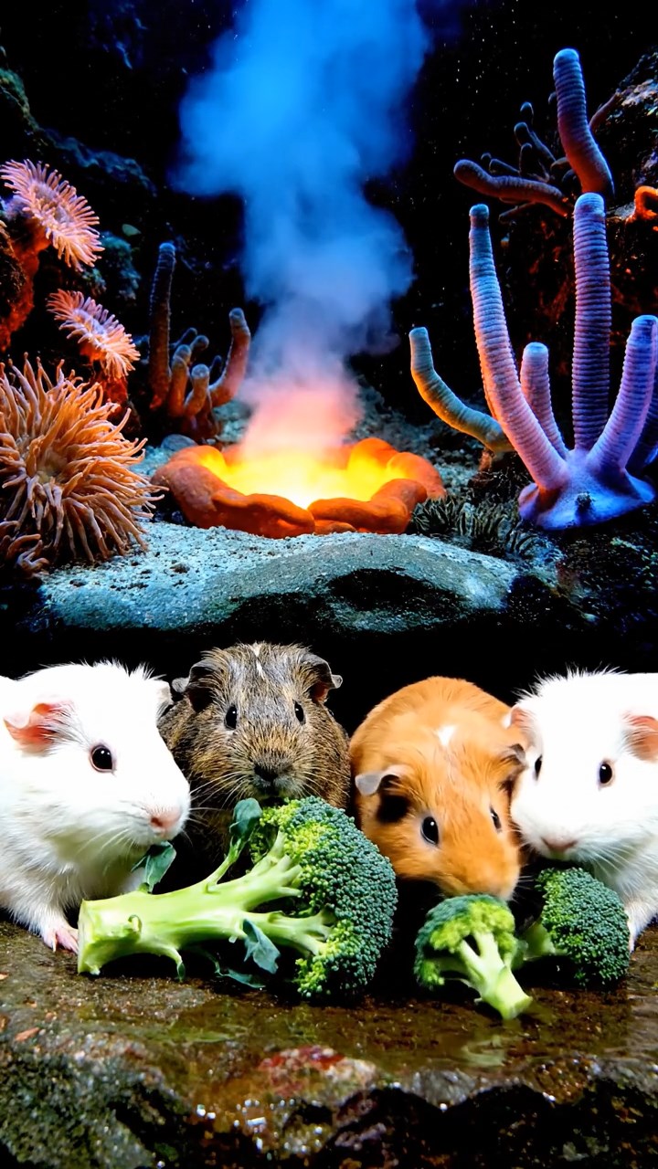 1352. Realistic depiction of 4 smooth-haired Abyssinian guinea pigs in white, orange, and gray colors, sharing broccoli stems, near a oceanic thermal vent with exotic lifeforms.