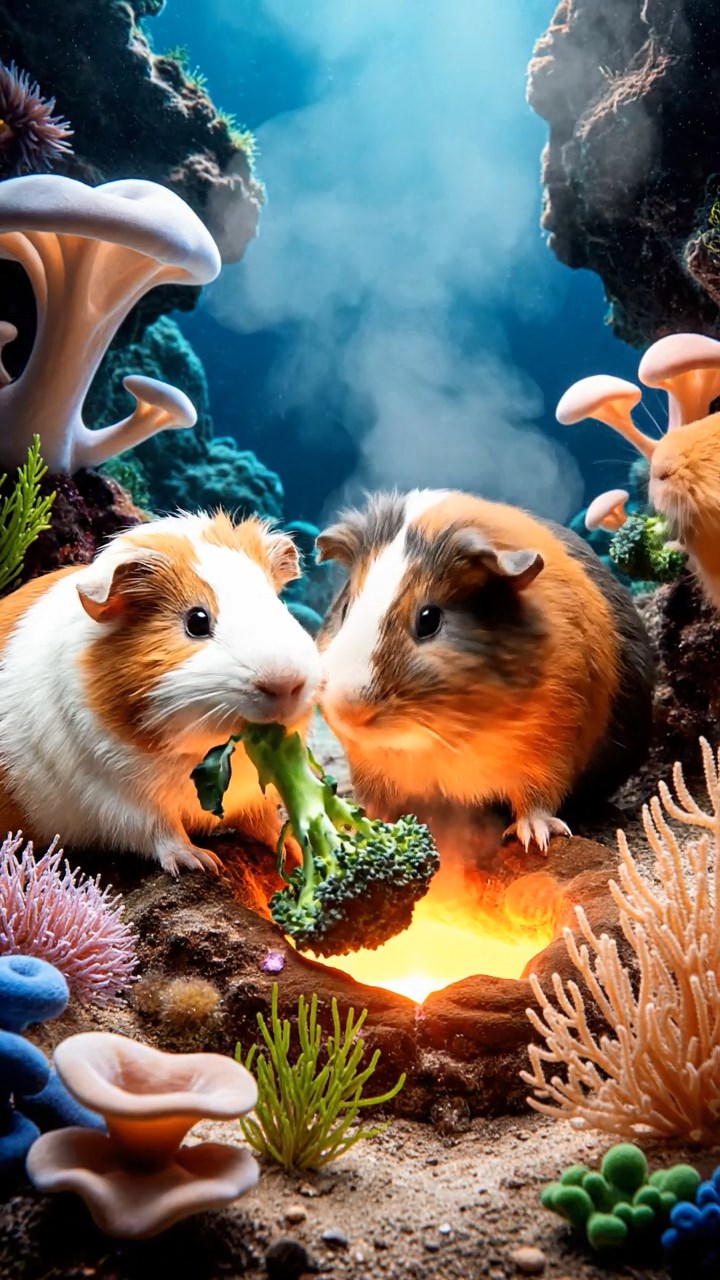 1352. Realistic depiction of 4 smooth-haired Abyssinian guinea pigs in white, orange, and gray colors, sharing broccoli stems, near a oceanic thermal vent with exotic lifeforms.