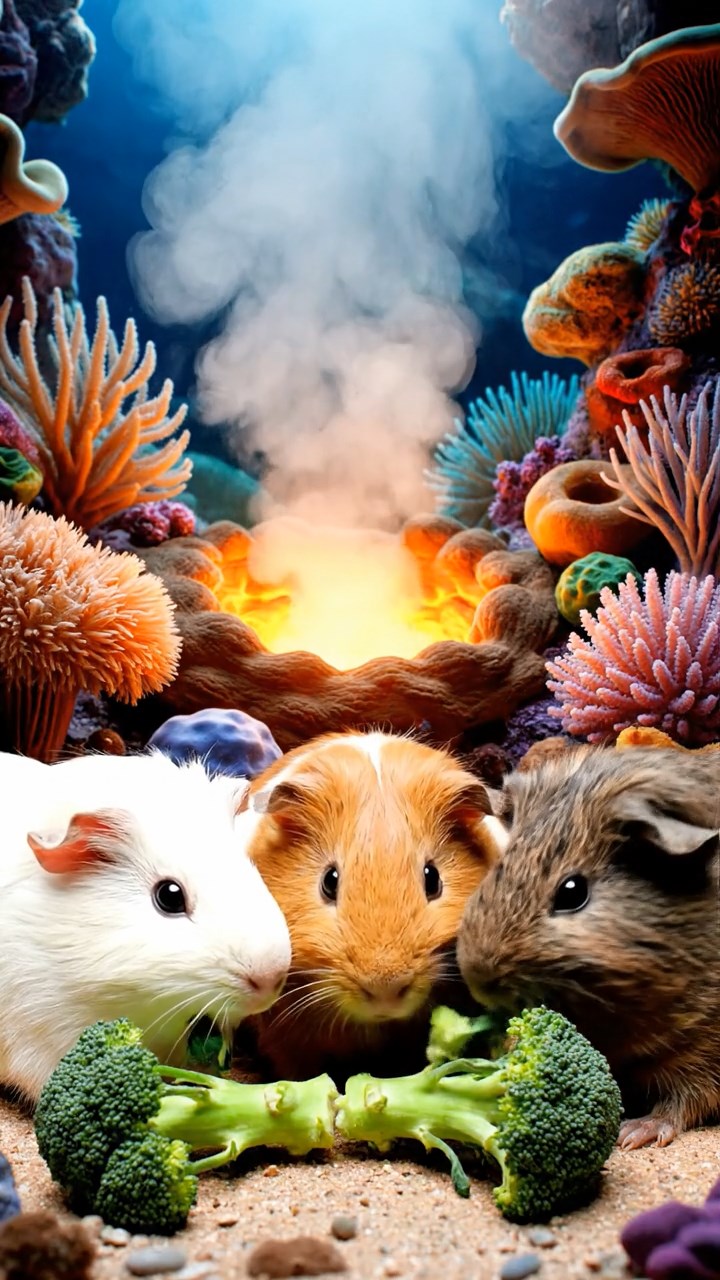 1352. Realistic depiction of 4 smooth-haired Abyssinian guinea pigs in white, orange, and gray colors, sharing broccoli stems, near a oceanic thermal vent with exotic lifeforms.