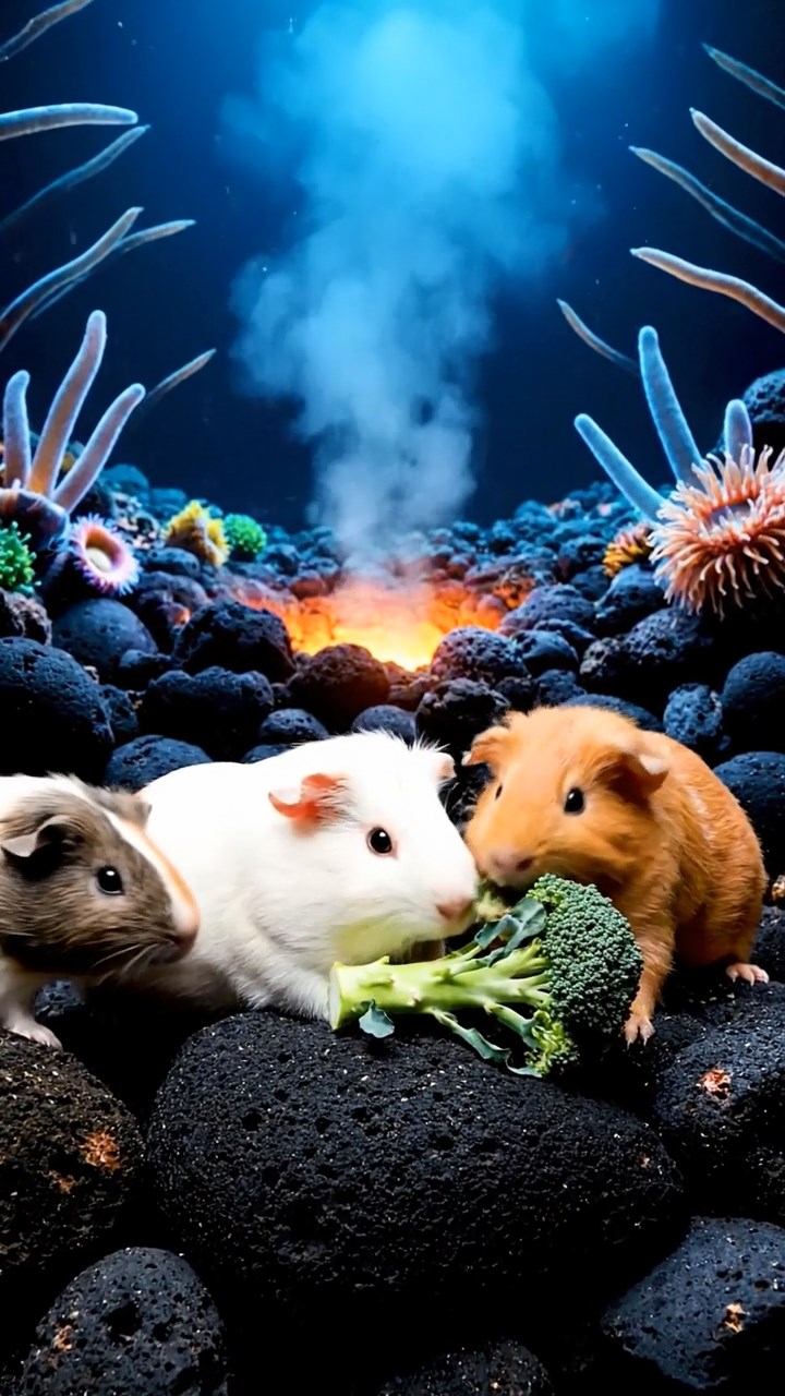 1352. Realistic depiction of 4 smooth-haired Abyssinian guinea pigs in white, orange, and gray colors, sharing broccoli stems, near a oceanic thermal vent with exotic lifeforms.