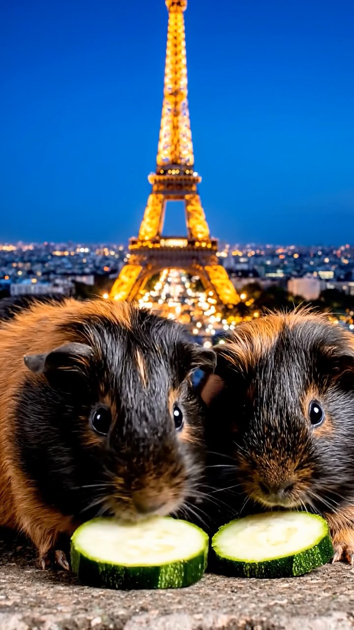 1353. Detailed scene of 2 smooth-haired Peruvian guinea pigs with black and brown fur, munching on zucchini rounds, on a iconic Paris landmark summit with city lights.