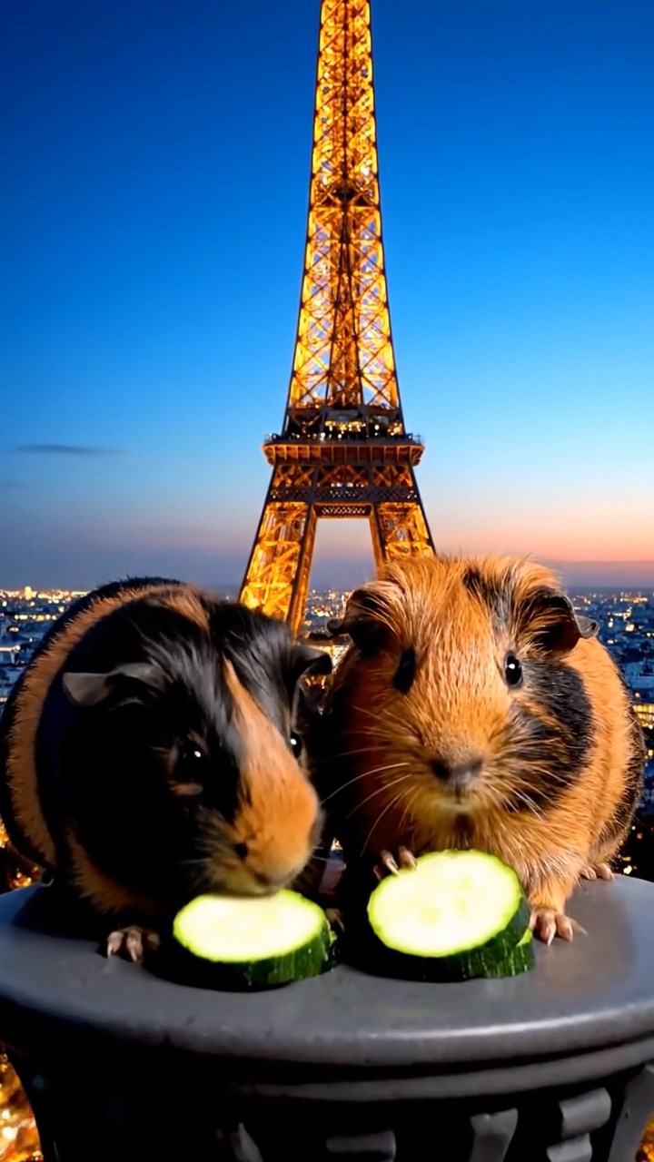 1353. Detailed scene of 2 smooth-haired Peruvian guinea pigs with black and brown fur, munching on zucchini rounds, on a iconic Paris landmark summit with city lights.
