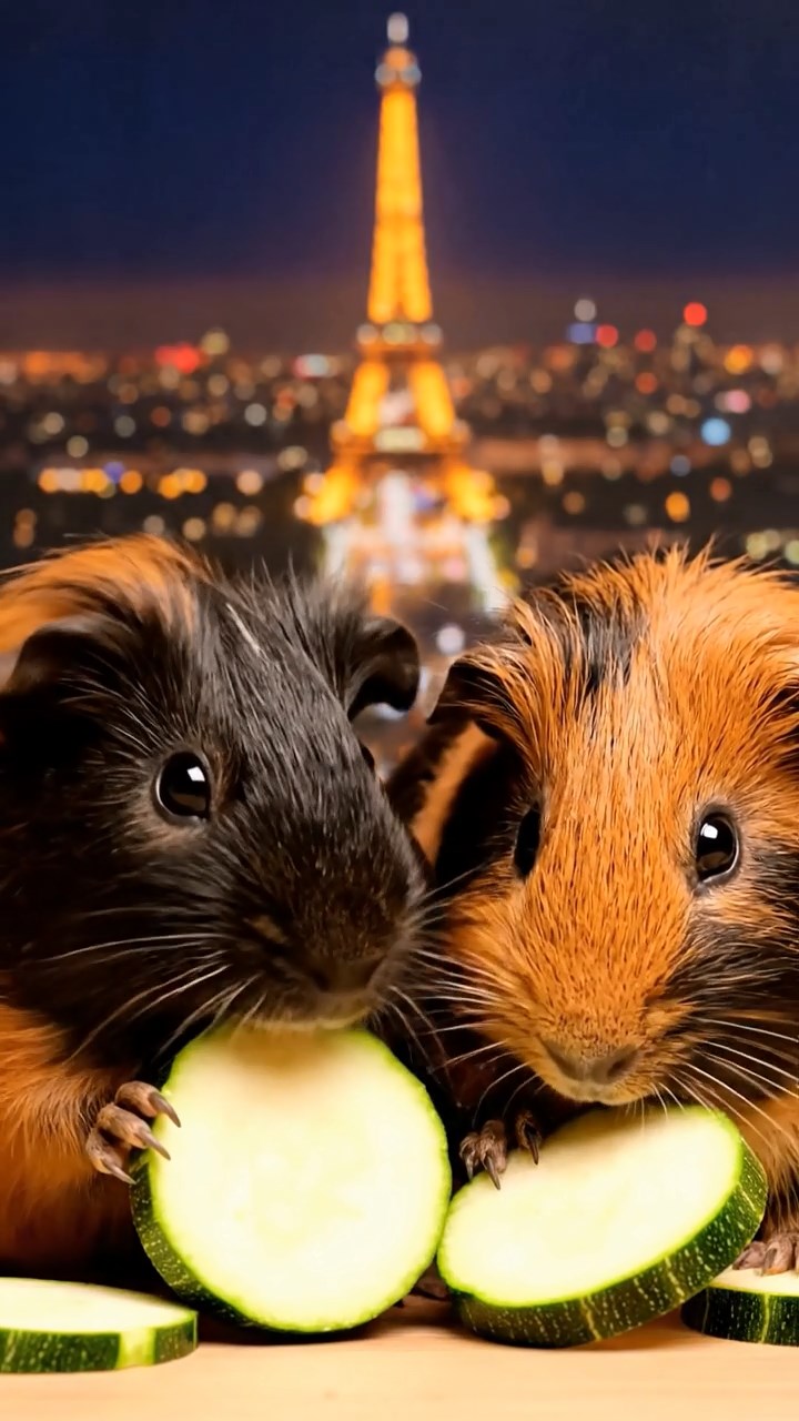 1353. Detailed scene of 2 smooth-haired Peruvian guinea pigs with black and brown fur, munching on zucchini rounds, on a iconic Paris landmark summit with city lights.