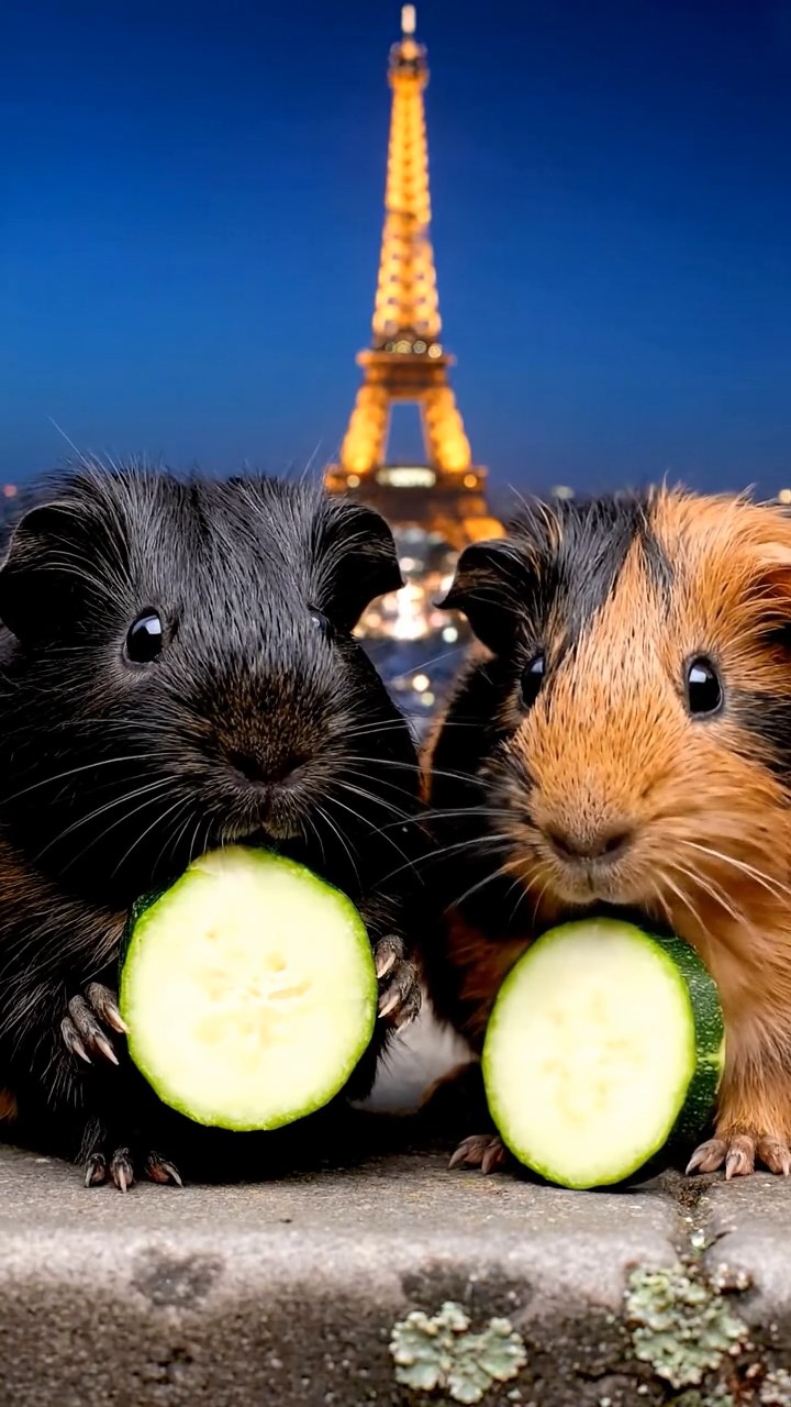 1353. Detailed scene of 2 smooth-haired Peruvian guinea pigs with black and brown fur, munching on zucchini rounds, on a iconic Paris landmark summit with city lights.