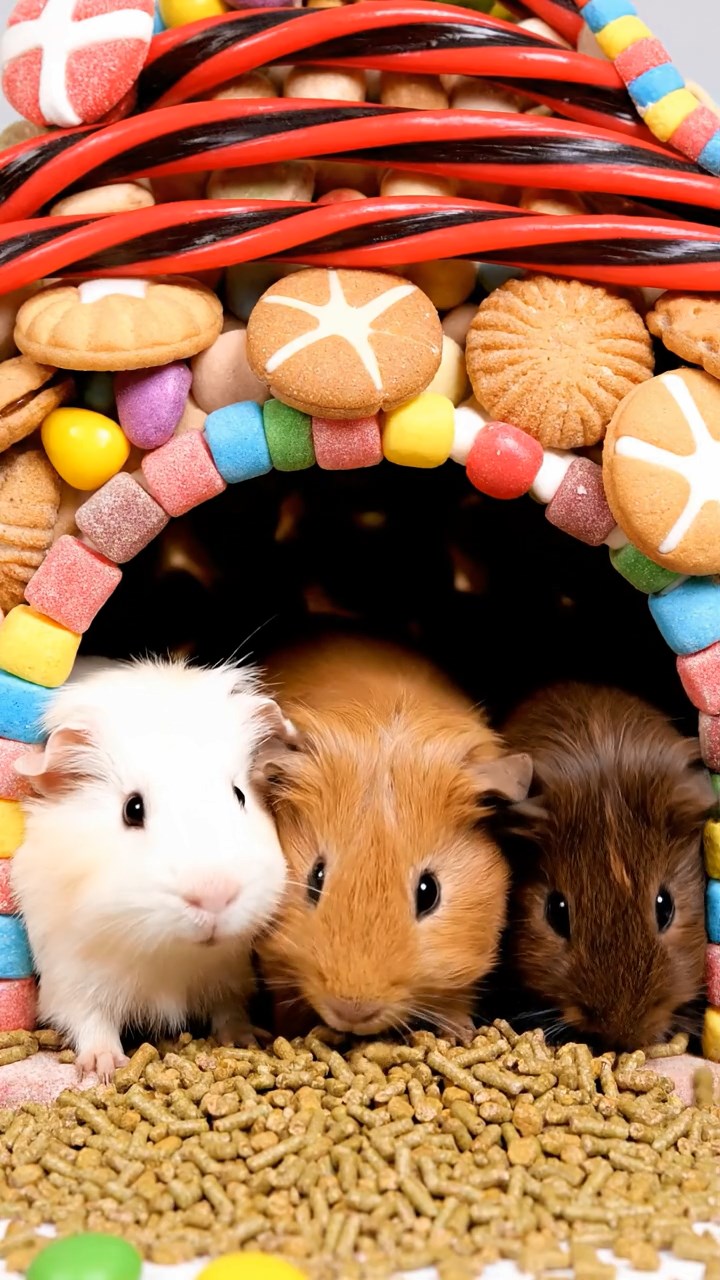 1354. Photorealistic photo of 3 smooth-haired Silkie guinea pigs featuring cream, fawn, and chocolate coats, eating alfalfa pellets, in a edible sweets house with licorice ropes.