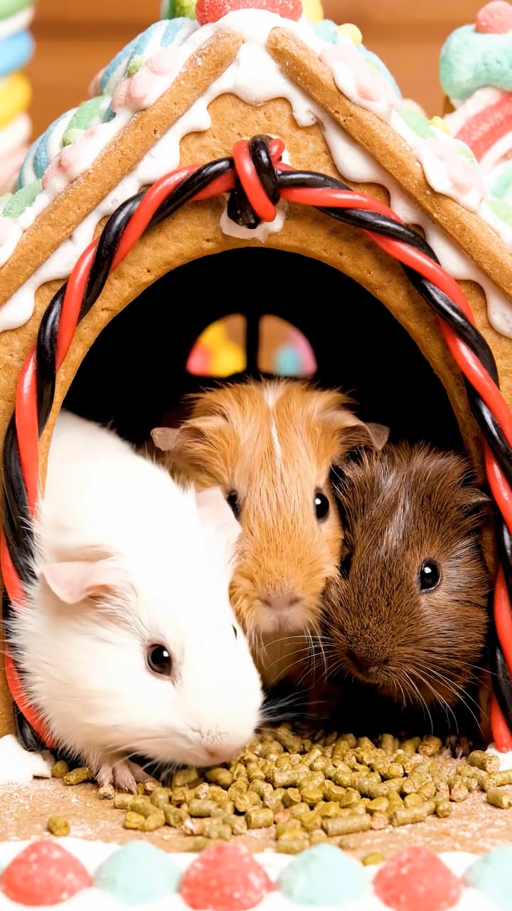 1354. Photorealistic photo of 3 smooth-haired Silkie guinea pigs featuring cream, fawn, and chocolate coats, eating alfalfa pellets, in a edible sweets house with licorice ropes.