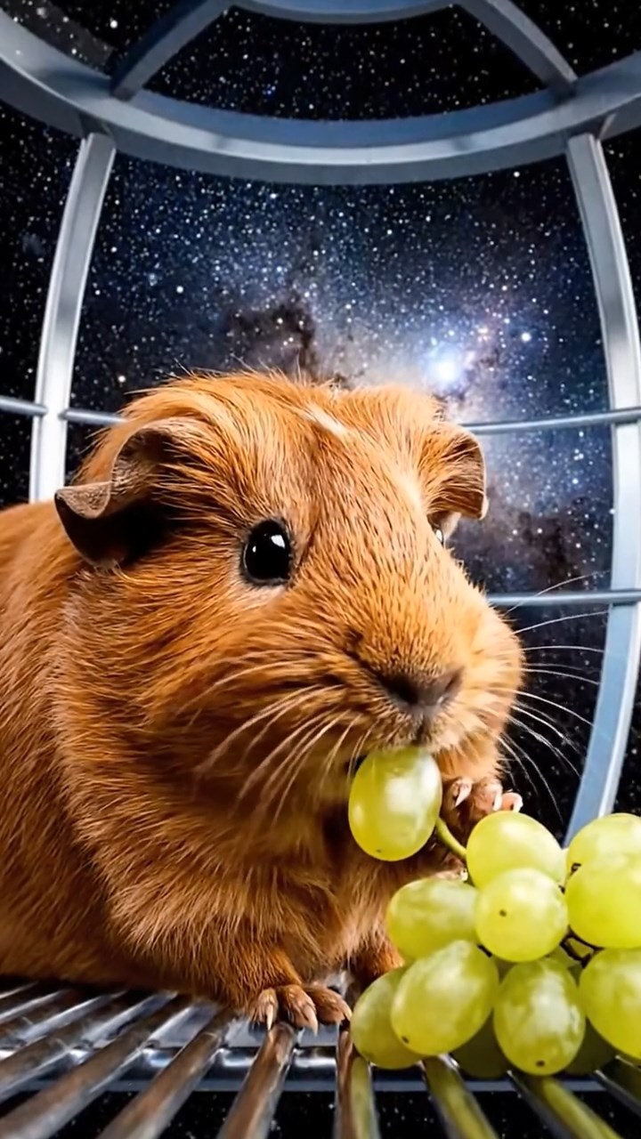 1355. Realistic image of 1 smooth-haired Teddy guinea pig with cinnamon fur, nibbling on grape clusters, on a space elevator observation deck with cosmic vistas.