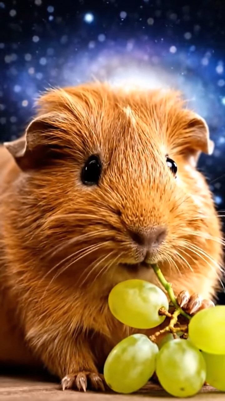 1355. Realistic image of 1 smooth-haired Teddy guinea pig with cinnamon fur, nibbling on grape clusters, on a space elevator observation deck with cosmic vistas.