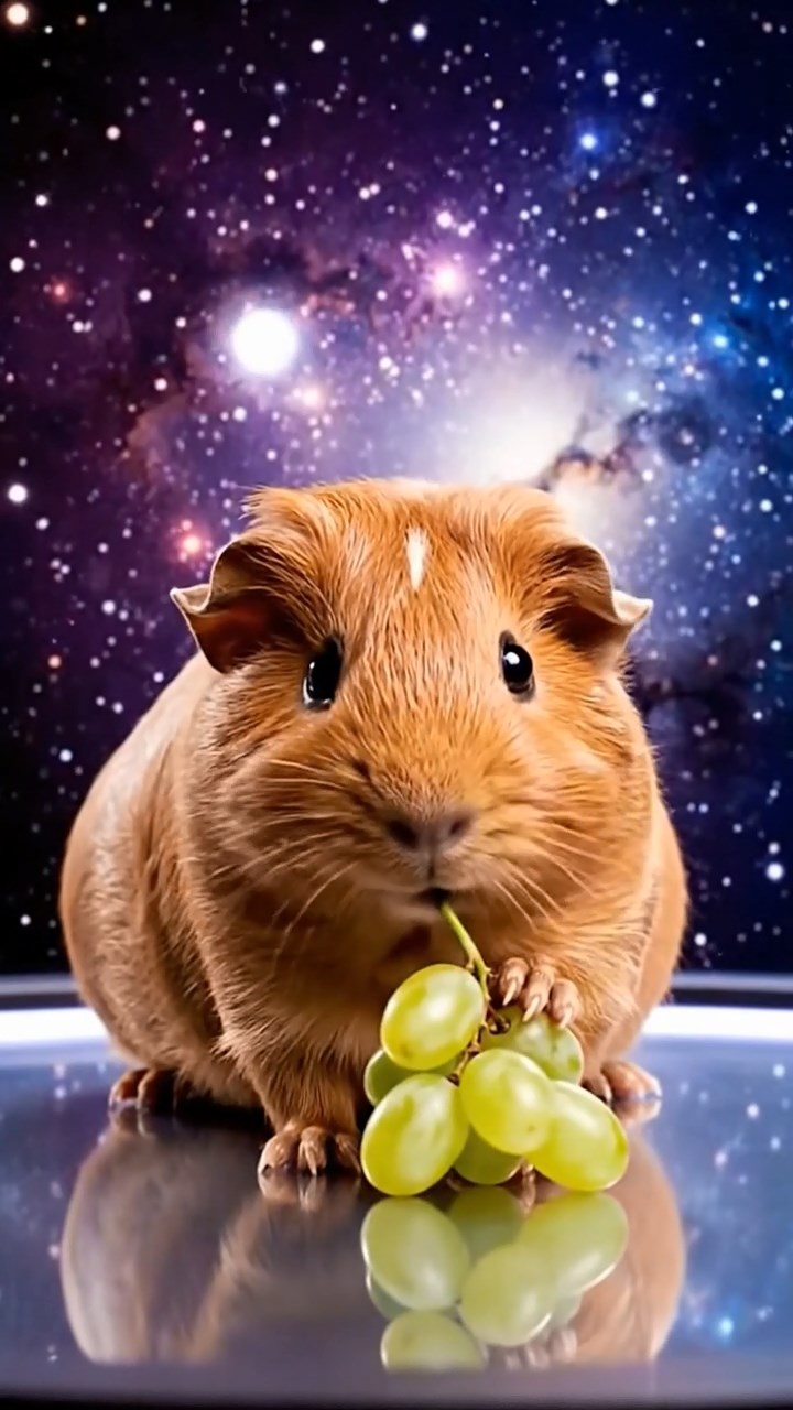 1355. Realistic image of 1 smooth-haired Teddy guinea pig with cinnamon fur, nibbling on grape clusters, on a space elevator observation deck with cosmic vistas.