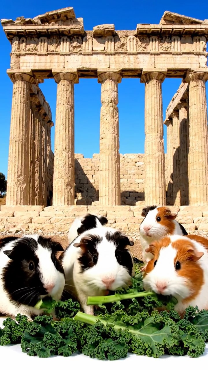 1356. Highly detailed view of 5 smooth-haired Texel guinea pigs with sable, white, and orange fur, chewing on kale stems, in a classical Greek temple ruin with columns.